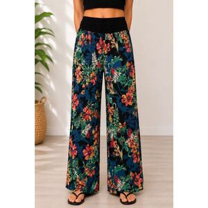 Zoe + Phoebe High Rise Wide Leg Palazzo Pants Large Tropical Floral Black